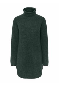 Abito in maglia verde scuro con collo alto, maniche lunghe, vestibilità rilassata e texture a coste; l'orlo curvo aggiunge dettagli.
