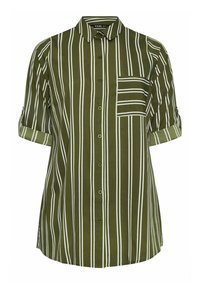 Camicia a righe verdi con righe bianche verticali, chiusura a bottoni frontale e taschino sul petto. Maniche corte arrotolate e orlo curvo.
