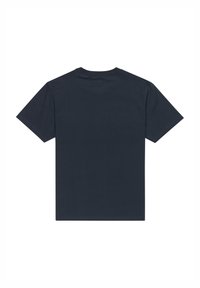 T-paita tummansinisestä pehmeästä puuvillasta, lyhythihainen. Yksinkertainen, pyöreäkaula-aukkoinen malli ilman näkyviä logoja tai kuvioita. Sleek-tekstuuria.