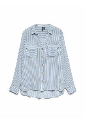 Chemise à rayures bleu clair et blanc avec boutons, manches longues, deux poches poitrine et boutons dorés. Tissu doux avec ourlet arrondi.