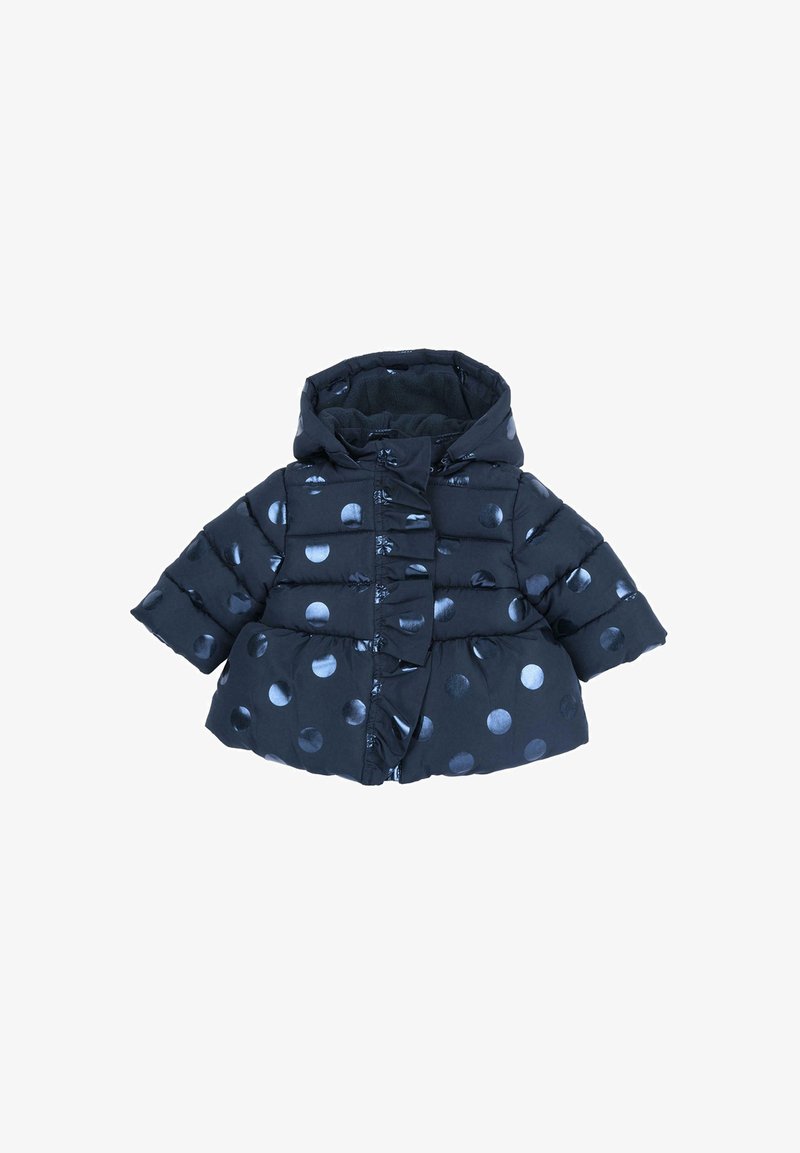 Doudoune noire avec capuche, pois argentés brillants, détail à volants le long de la fermeture éclair et manches longues pour enfant.