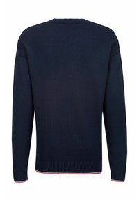 Marineblaues Sweater mit geripptem Kragen und Bündchen. Mit kontrastierenden roten und grünen gestreiften Säumen. Einfaches Strickgewebe mit lässiger Passform.