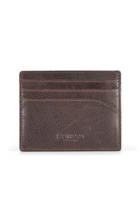 Kartenhalter aus braunem Leder mit mehreren Kartenslots, glatter Oberfläche, prägtem Logo und einem klaren, rechteckigen Design für einfache Zugänglichkeit.