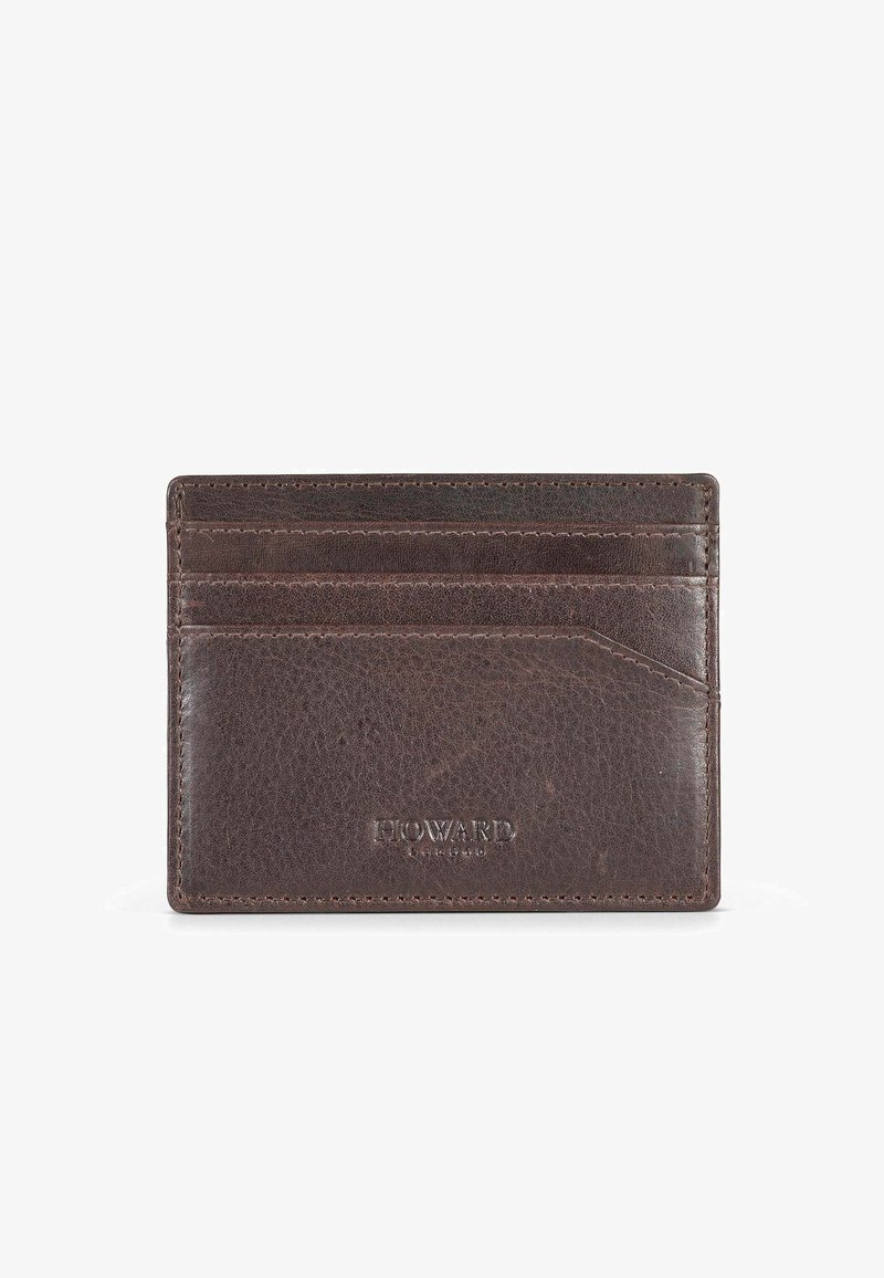 Brown leather cardholder featuring multiple card slots, smooth texture, embossed logo, and clean, rectangular design for easy accessibility.