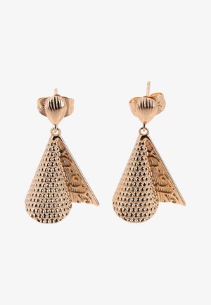 Cercei cu pandantive conice texturate, de culoare aurie, și tije cu mici tăvițe circulare zimțate atașate de șuruburi.