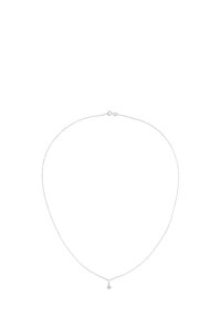 Collar de cadena de plata con un delicado colgante que presenta una pequeña gema redonda, mostrando una textura suave y un diseño simplista.