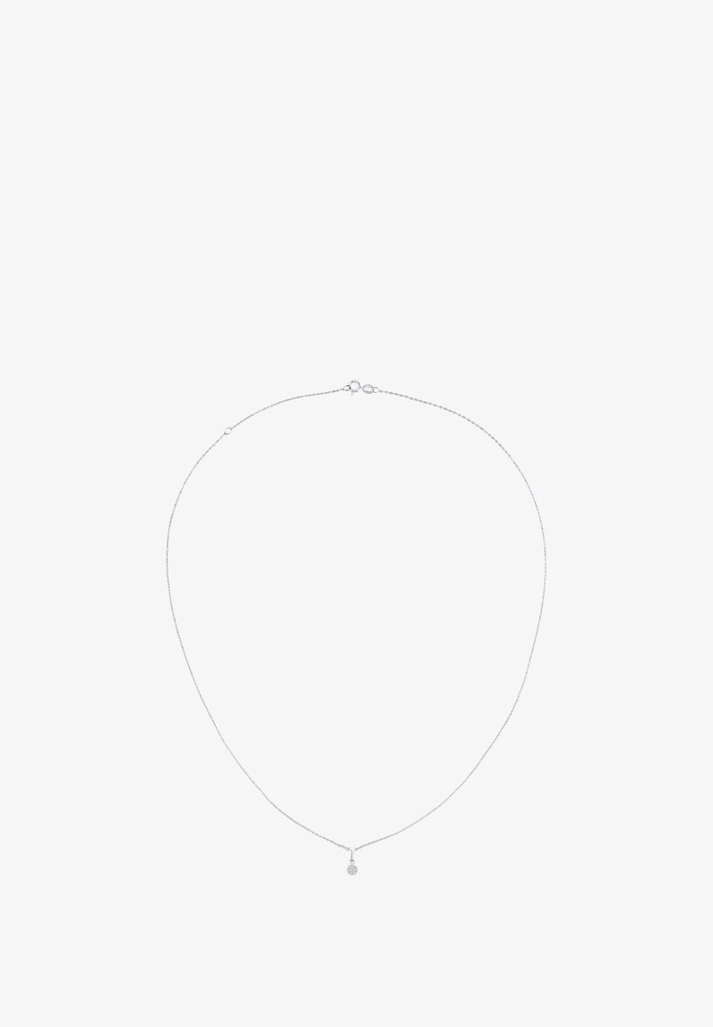 Srebrny naszyjnik z łańcuszkiem, ozdobiony delikatnym wisiorkiem z małym, okrągłym kamieniem szlachetnym, charakteryzującym się gładką teksturą i prostym designem.