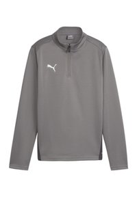Pullover grigio a maniche lunghe con collo a zip a un quarto. Presenta un logo Puma bianco sul lato sinistro del petto e pannelli laterali a contrasto. Tessuto morbido.