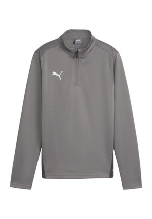 Grauer Pullover mit langen Ärmeln und einem Viertel-Reißverschluss am Hals. Mit einem weißen Puma-Logo auf der linken Brust und kontrastierenden Seitenteilen. Weicher Stoff.