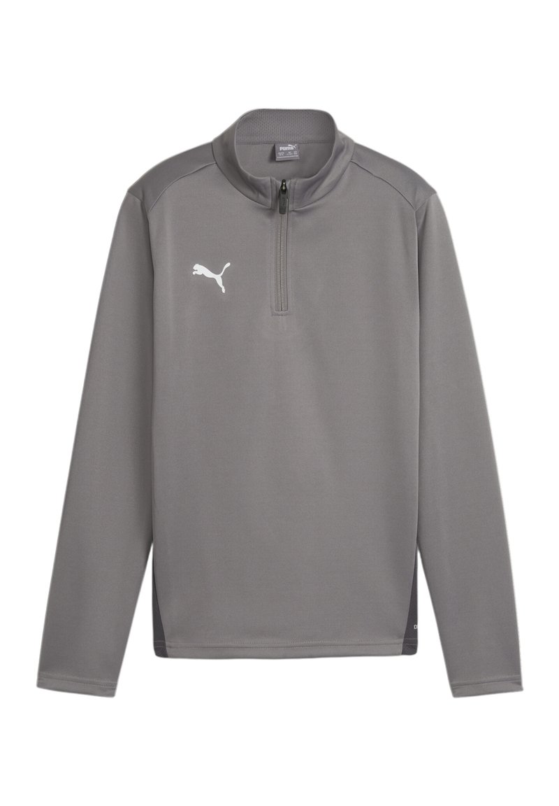Pullover grigio a maniche lunghe con collo a zip a un quarto. Presenta un logo Puma bianco sul lato sinistro del petto e pannelli laterali a contrasto. Tessuto morbido.
