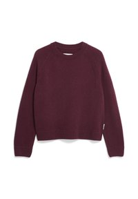 Bordeauxfarbener Strickpullover mit Rundhalsausschnitt und Raglanärmeln; verfügt über gerippte Bündchen und Saum für eine figurbetonte Passform und weiche Textur.
