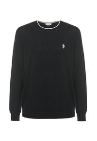 Maglione nero realizzato in morbido tessuto, con scollatura tonda bordata in crema e un piccolo logo ricamato sul petto sinistro. Maniche lunghe.