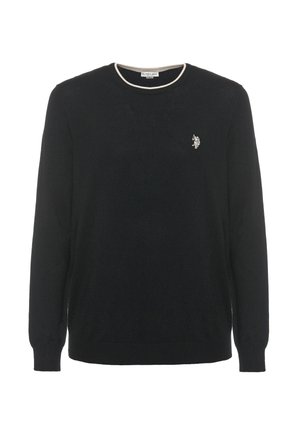 Maglione nero realizzato in morbido tessuto, con scollatura tonda bordata in crema e un piccolo logo ricamato sul petto sinistro. Maniche lunghe.