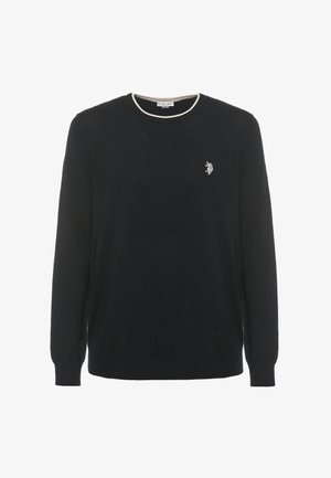 Maglione nero realizzato in morbido tessuto, con scollatura tonda bordata in crema e un piccolo logo ricamato sul petto sinistro. Maniche lunghe.