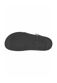 Zwarte rubberen schoenen zool met geribbelde textuur en patroon grip. Beschikt over een gladde afwerking met meerdere rechthoekige tractiegroeven.