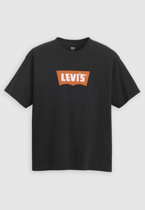 Black cotton t-shirt featuring a large orange Levi's logo on the front, short sleeves, and a crew neck design.