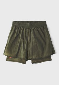Olive green athletic shorts with an elastic waistband, inner lining, and perforated panels for ventilation. Lightweight, casual design.