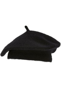 Black wool beret with a soft, felted texture. Features a rounded shape and a small loop on top. Simple and classic design.