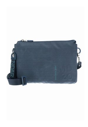Borsa a tracolla blu navy in tessuto strutturato, con chiusura a zip, tracolla regolabile e dettagli del logo in turchese a contrasto.