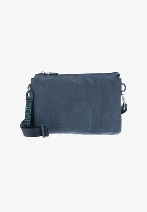 Sac bandoulière bleu marine en tissu texturé, avec fermeture éclair, sangle réglable et logo détaillé en turquoise contrastant.