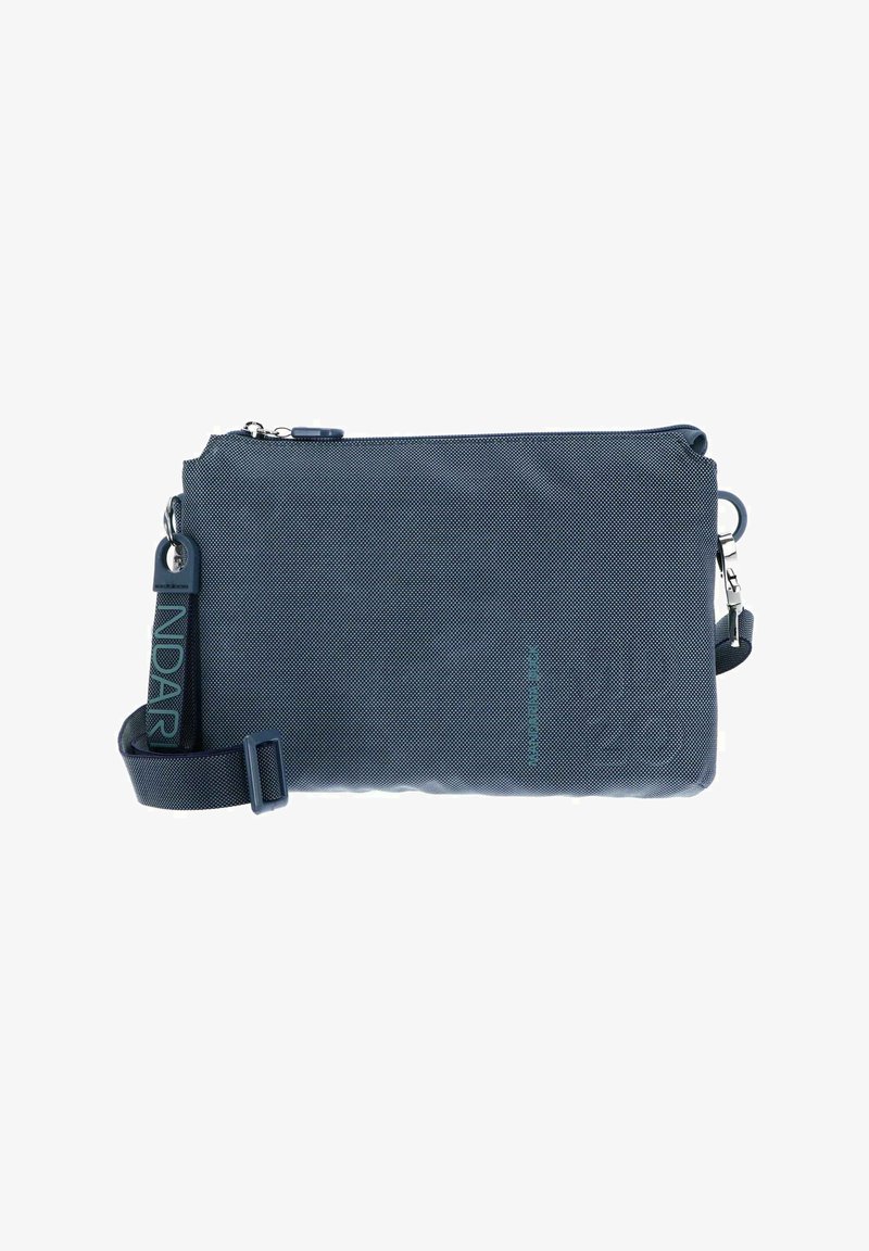 Borsa a tracolla blu navy in tessuto strutturato, con chiusura a zip, tracolla regolabile e dettagli del logo in turchese a contrasto.