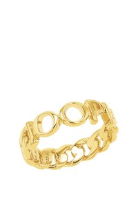 Anello color oro con lettere intrecciate che formano la parola "LOOP" con una finitura liscia e lucida e un design a catena.