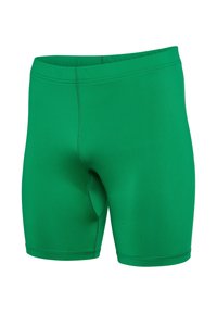 Shorts de bain verts en matériau lisse et extensible. Présentent un design ajusté, une taille élastique et des détails de couture décoratifs.