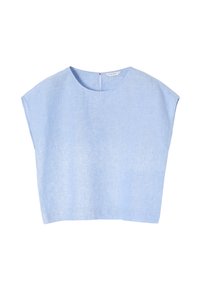 Lys blå kortærmet top med en bred udskæring og lukning bagpå. Den er lavet af et tekstureret stof, der giver en afslappet pasform og et minimalistisk design.
