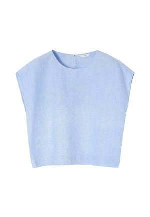 Lichtblauw kort mouwen top met een brede halslijn en een sluiting aan de achterkant. Gemaakt van een gestructureerde stof, biedt het een ontspannen pasvorm en een minimalistisch ontwerp.