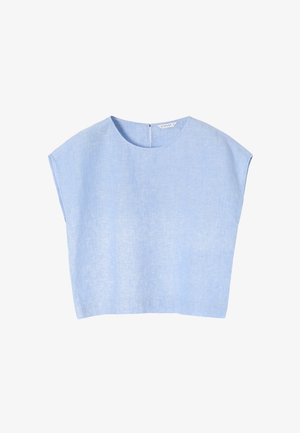 Light blue short-sleeve top with a wide neckline and a back closure. Made of a textured fabric, it offers a relaxed fit and minimal design.