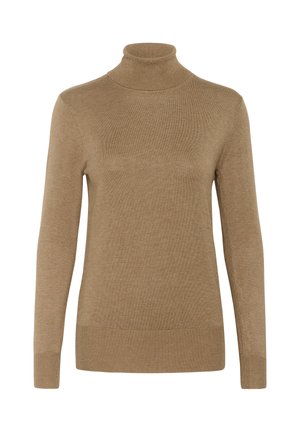 Brauner Rollkragenpullover mit langen Ärmeln, aus einem gerippten Strickstoff gefertigt. Glatte Textur, eng anliegendes Design und dezente Dehnbarkeit am Saum.