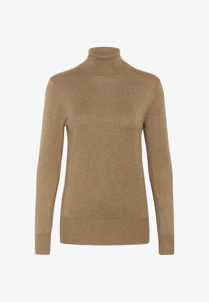 Rjav pulover s turtleneck ovratnikom in dolgimi rokavi, izdelan iz rebraste pletenine. Gladka tekstura, prilegajoča se zasnova in rahlo raztegljiv rob.