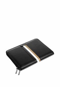 Housse pour tablette en cuir noir avec fermeture éclair, rayures verticales blanches et beiges, et doubles tirettes en métal.