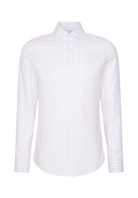 Weißes Langarm-Hemdkleid mit hellblauen vertikalen Streifen, einem spitzen Kragen und abgerundetem Saum, aus einem glatten Stoff gefertigt.