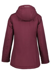 Veste isolée bordeaux avec capuche, présentant un tissu lisse, des coutures cousues et un logo dans le haut du dos. La vue arrière ne montre pas de détails supplémentaires.