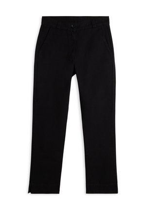 Pantaloni chino neri con una vestibilità dritta, realizzati in tessuto misto cotone, dotati di tasche laterali e chiusura con bottone.