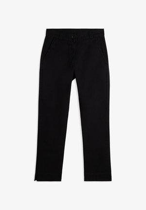 Pantalons chino noirs avec une coupe droite, fabriqués en tissu mélange de coton, dotés de poches latérales et d'une fermeture à bouton.