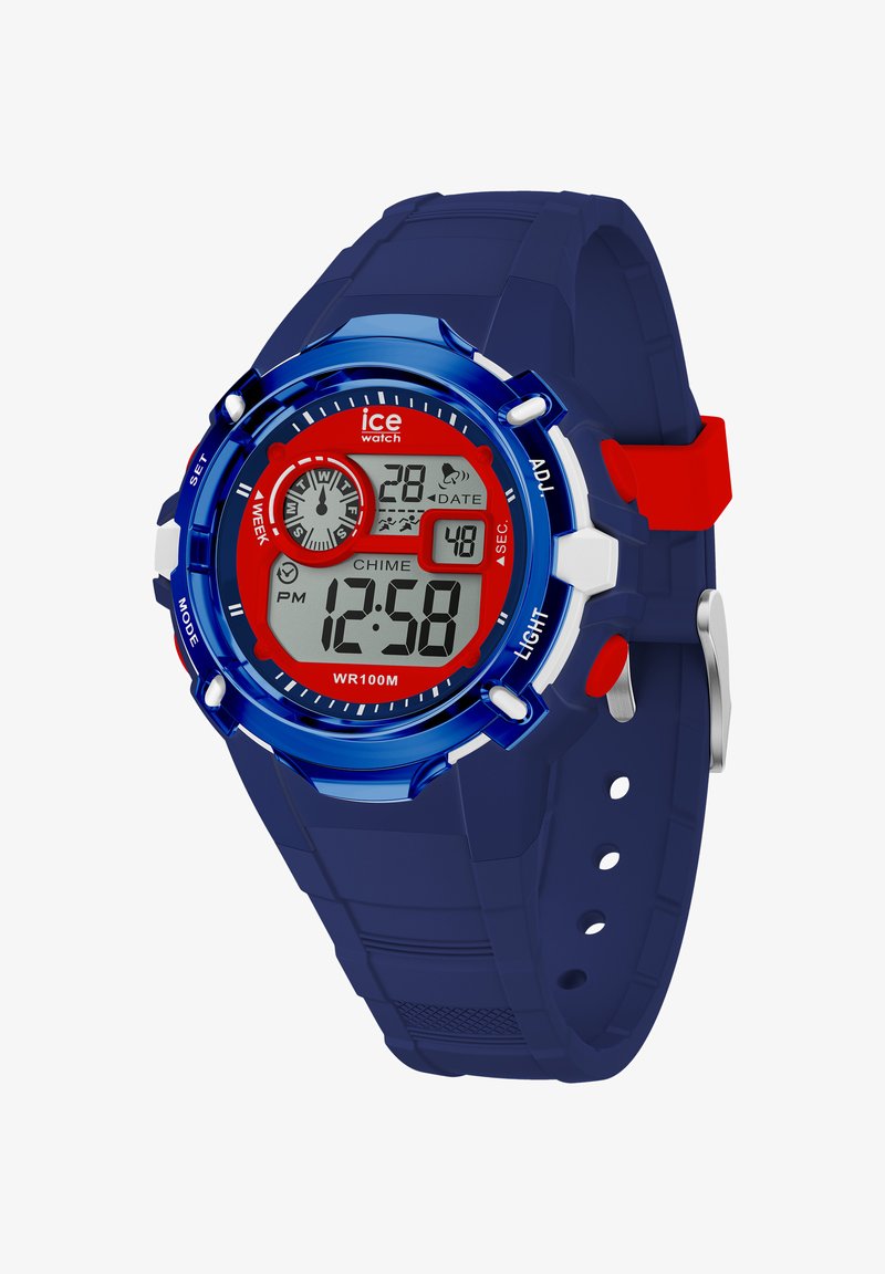 Orologio digitale con cinturino in gomma blu, accenti rossi e bianchi, ampio display che mostra ora e data, resistente all'acqua fino a 100 metri.