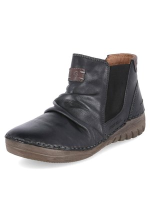 Black leather ankle boot with elastic side panels, wrinkled texture, brown rubber sole, and visible stitching details.