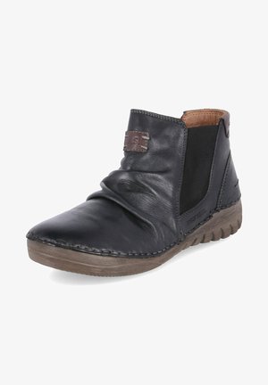 Schwarze Leder-Ankle-Boots mit elastischen seitlichen Einsätzen, faltiger Textur, brauner Gummisohle und sichtbaren Nähdetails.