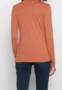 Långärmad skjorta i rostorange, tillverkad av mjukt tyg. Har en hög krage, rundad nederkant och subtila sömsdetaljer vid mitten av ryggen.