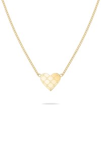 Goldheartförmige Halskette mit einer Kette, die ein strukturiertes Muster aus Kreisen und Quadraten am Anhänger aufweist.