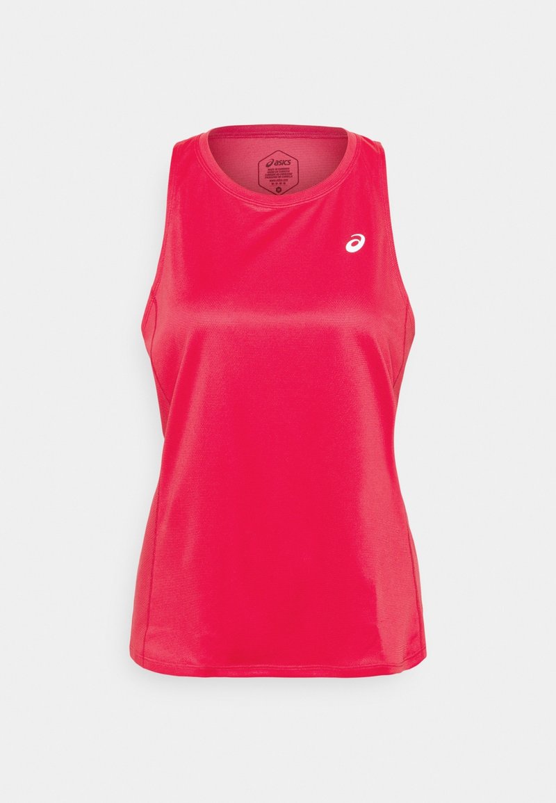 Débardeur de sport rose vif sans manches avec encolure ronde et petit logo blanc Asics sur la partie supérieure gauche de la poitrine.