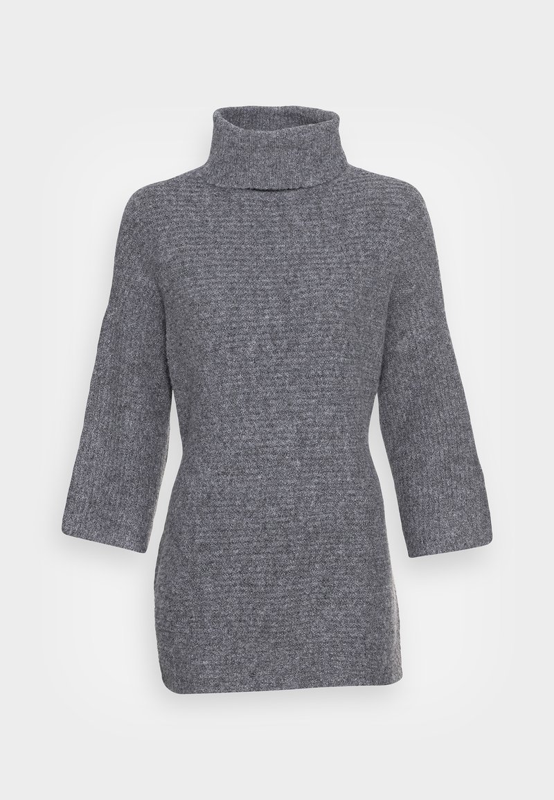 Pull à col roulé en tricot gris avec manches trois-quarts et coupe décontractée. Doté d'une finition texturée et d'un col haut replié.