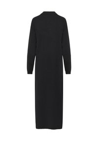 Long black knit dress with long sleeves and high neckline, shown from the back against a white background.