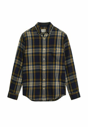 Marineblauwe geruite shirt met gele, witte en grijze strepen. Knopsluiting kraag, lange mouwen en een borstzak. Zachte stoftextuur.