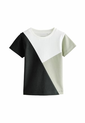 Kortærmet toddler t-shirt med sorte, hvide og lysegrå geometriske farvefelter på en ensfarvet baggrund.