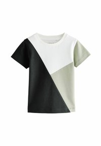 T-shirt med korte ærmer med et farveblokdesign i sort, hvid og lysegrøn, lavet af blød bomuld med rund hals.