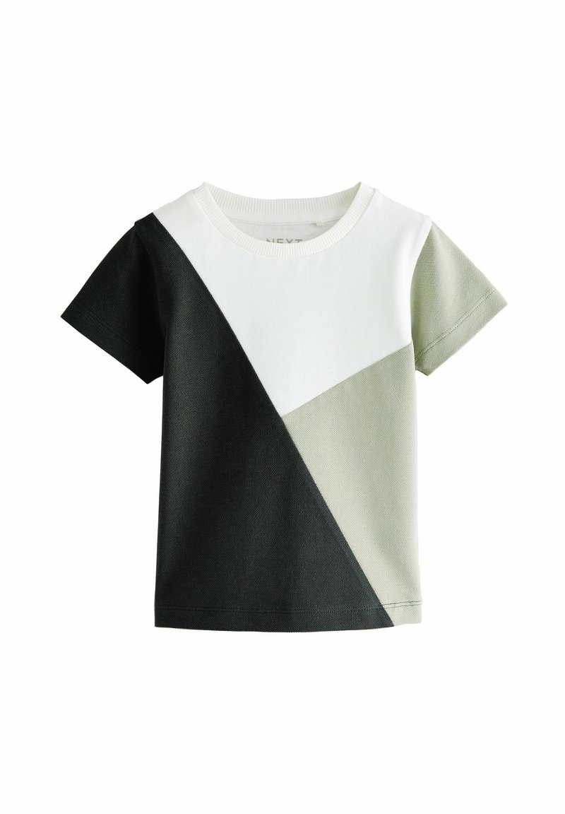 T-shirt med korte ærmer med et farveblokdesign i sort, hvid og lysegrøn, lavet af blød bomuld med rund hals.