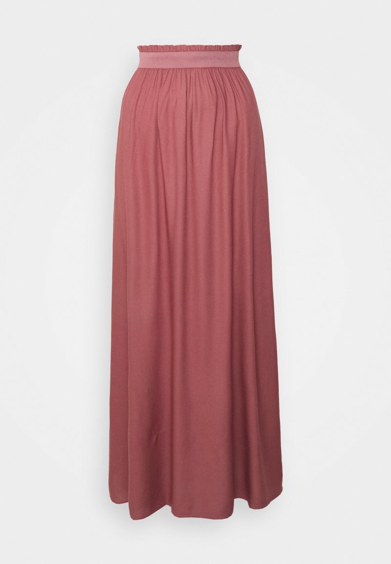 Lange, stofroze rok met elastische tailleband en geplooide details op een effen witte achtergrond.